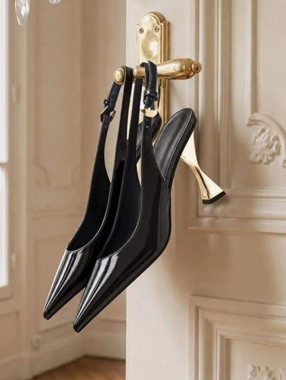 Patent Leather Slingback Pump with Sculpted Gold Heel - Black